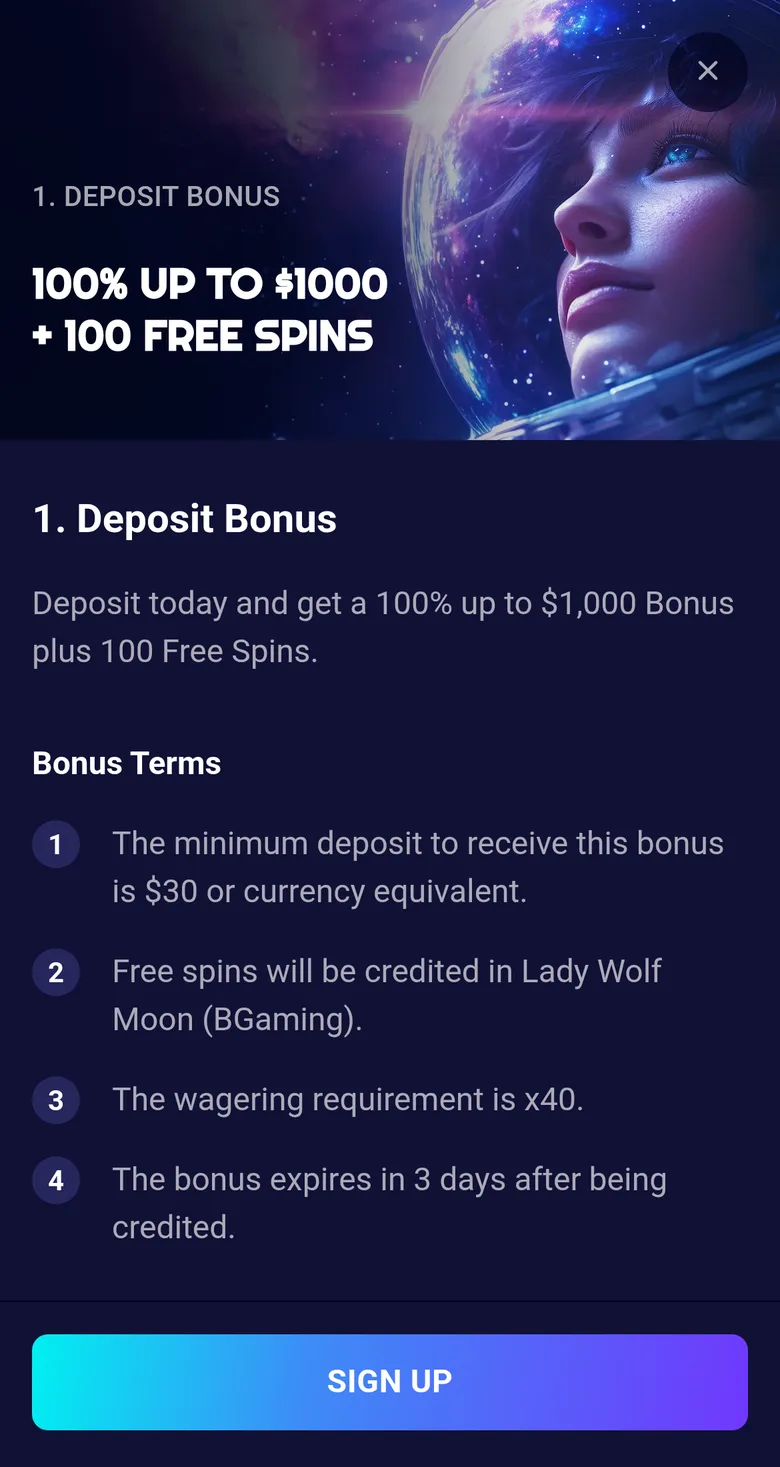 Spinjo first deposit offer card: 100% up to $1,000 plus 100 free spins, minimum deposit $30, wagering x40, expires in 3 days