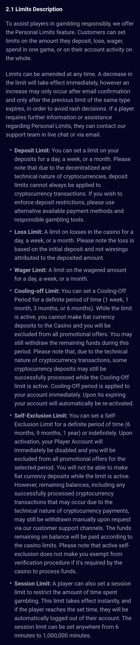 Spinjo Responsible Gaming page describing deposit, loss and wager limits, cooling-off, self-exclusion and session limits