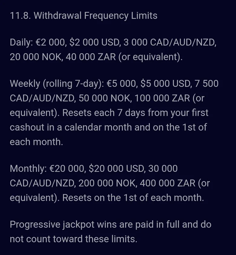 Spinjo T&C clause 11.8 with daily, weekly and monthly withdrawal limits