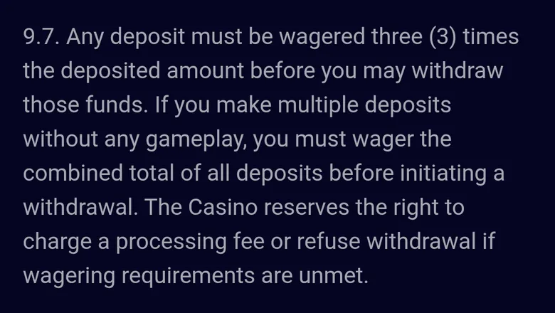 Spinjo T&C clause 9.7 requiring each deposit to be wagered three times before withdrawal