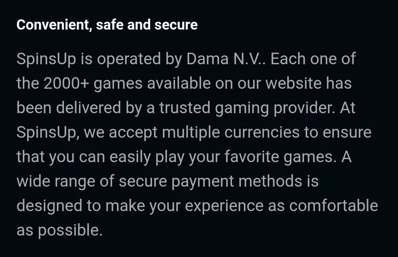 SpinsUp About us page naming Dama N.V. as the operator