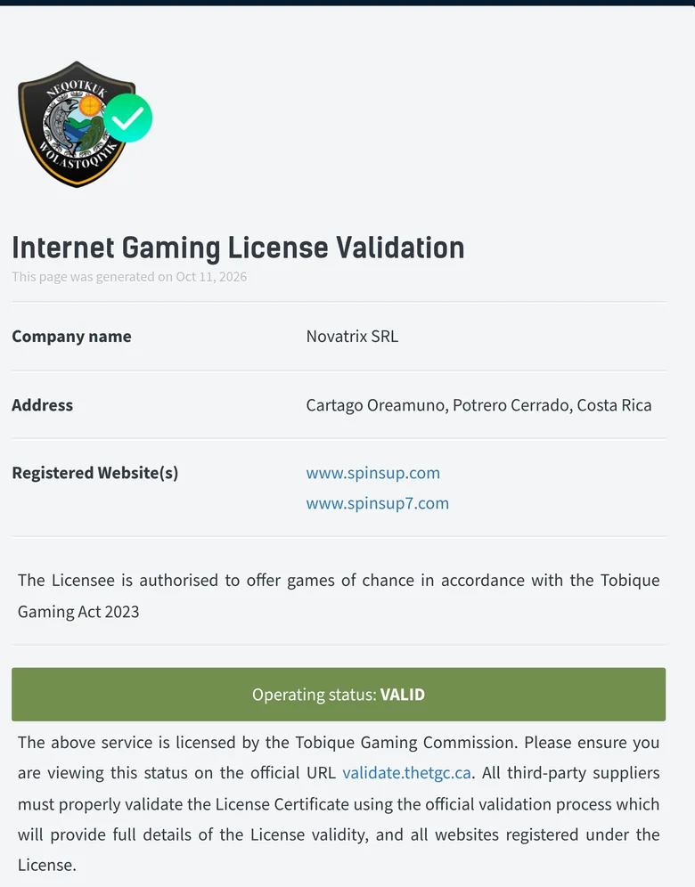 Tobique Gaming Commission validation page for Novatrix SRL showing operating status valid