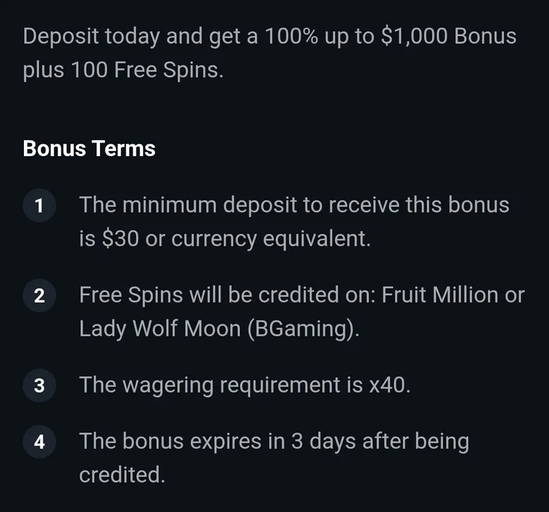 SpinsUp first deposit bonus terms showing 40x wagering and a 3-day expiry