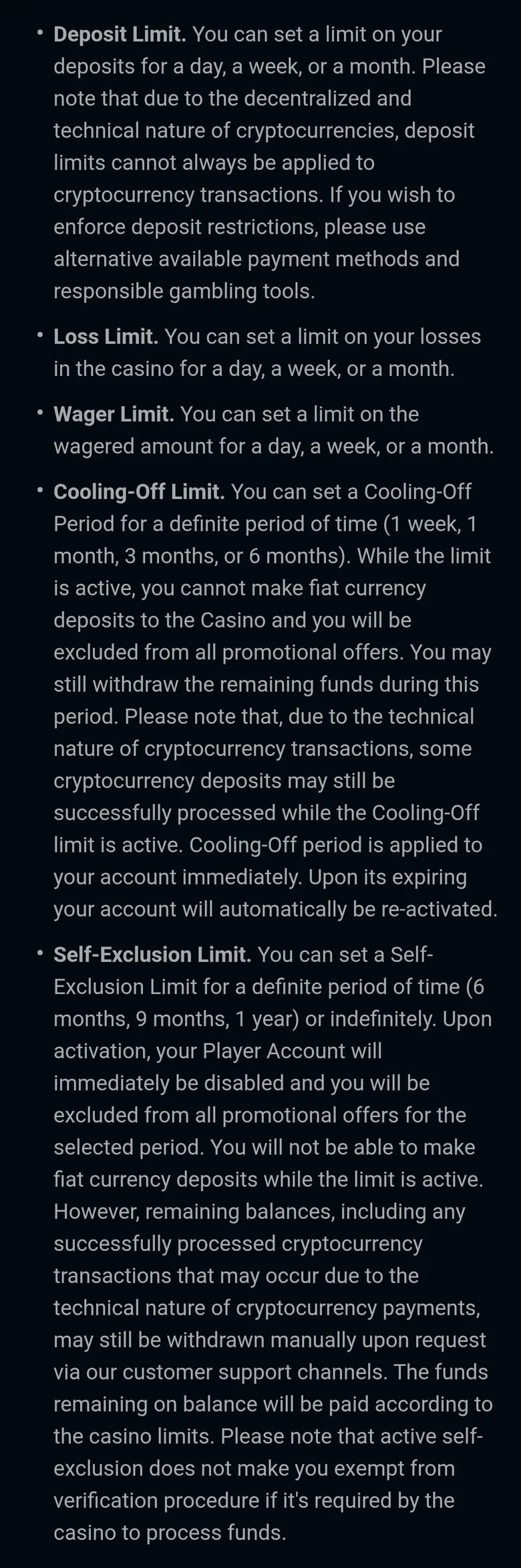 SpinsUp Responsible Gaming page listing deposit, loss and wager limits, cooling-off and self-exclusion