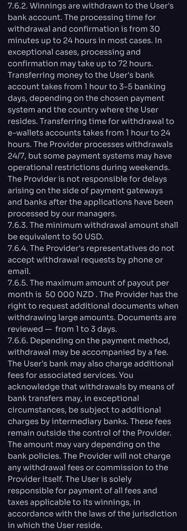 WinSpirit T&C clauses 7.6.2 to 7.6.6 on withdrawal processing times, minimum, monthly maximum and fees
