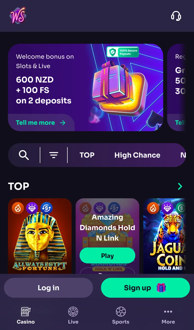 WinSpirit casino lobby on a phone in New Zealand with the welcome banner and the TOP row of pokies