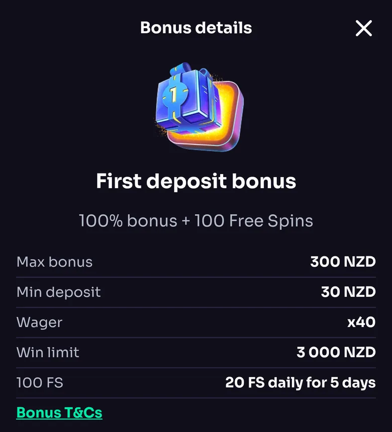 WinSpirit first deposit bonus details: 100% bonus and 100 free spins, max bonus 300 NZD, min deposit 30 NZD, x40, win limit 3,000 NZD