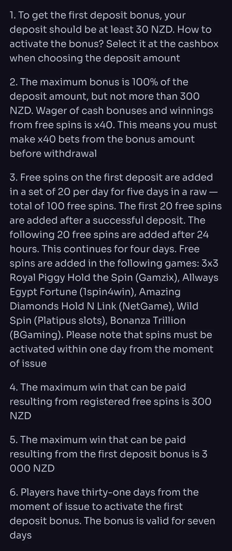 WinSpirit bonus terms for the first deposit bonus with x40 wagering and a 3,000 NZD maximum win