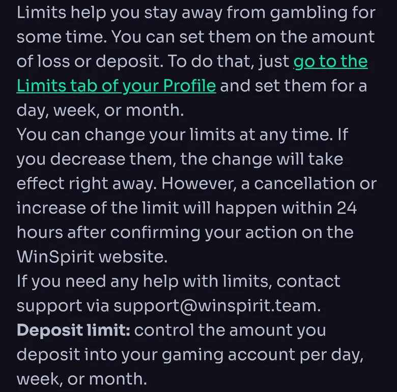 WinSpirit Responsible Gaming page on deposit and loss limits set in the Profile