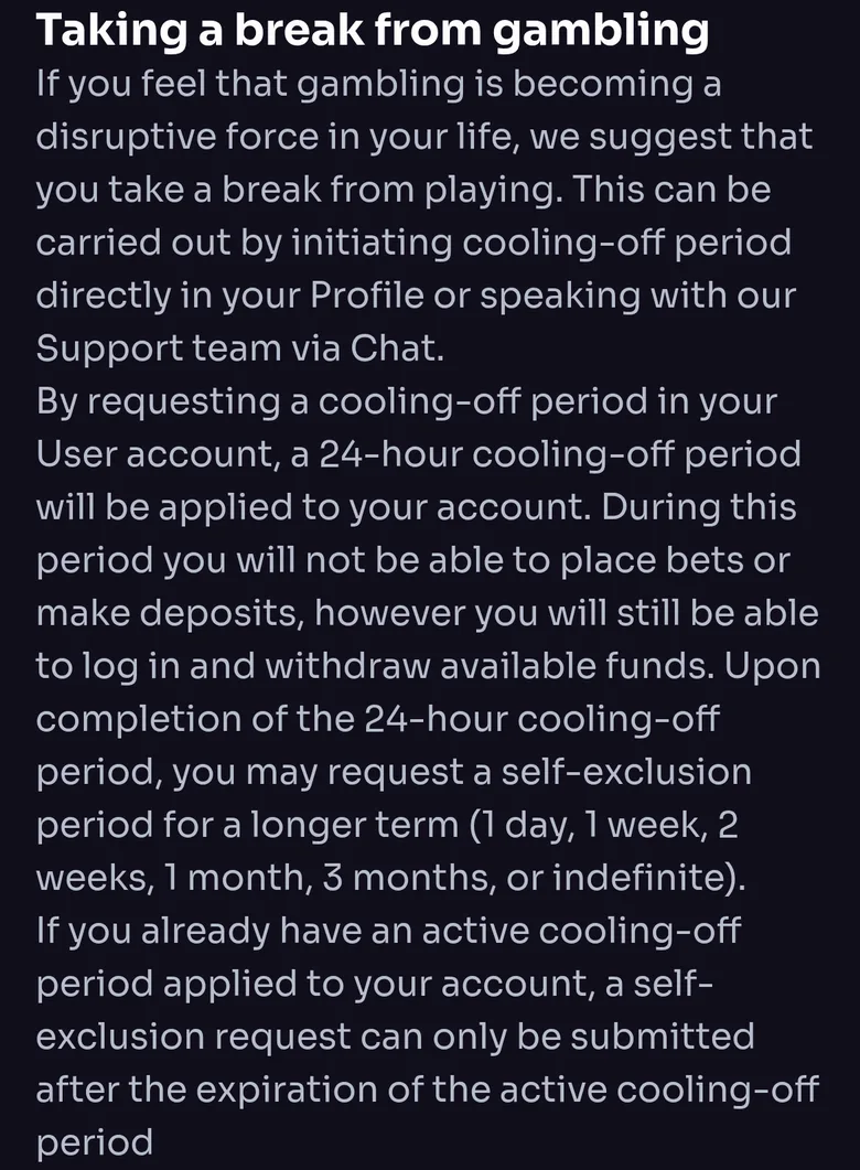 WinSpirit Responsible Gaming page on the 24-hour cooling-off and self-exclusion periods