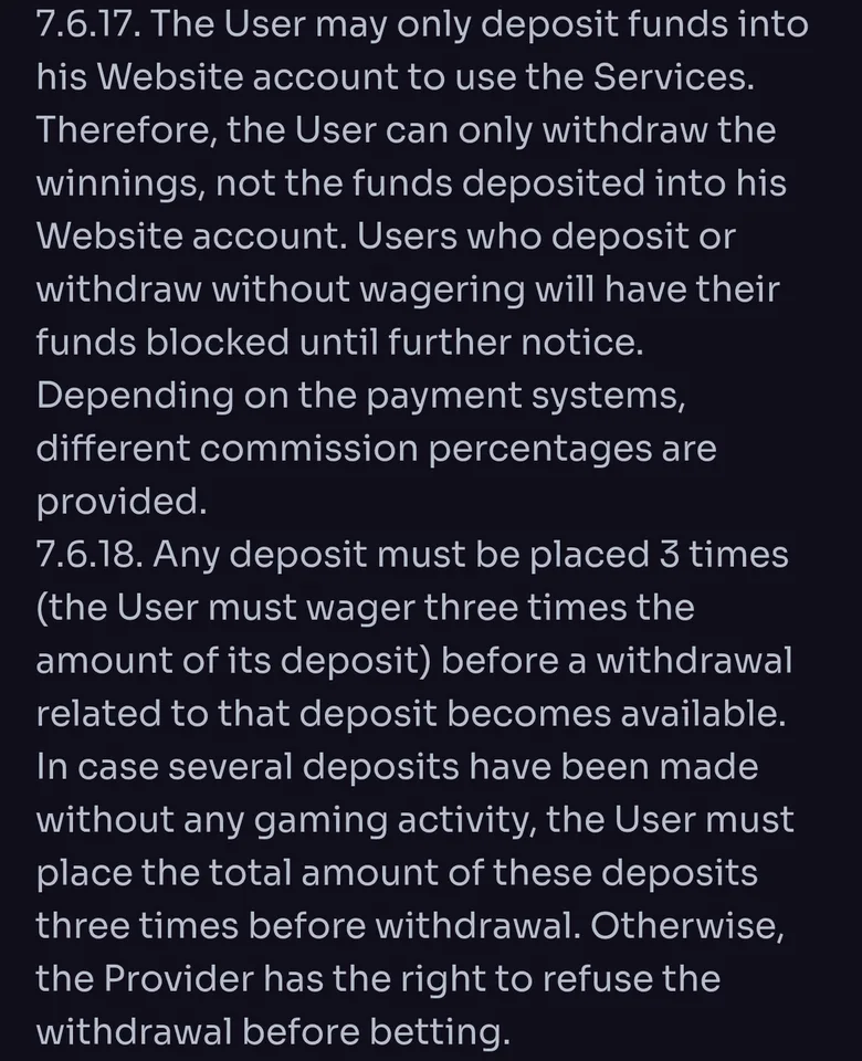 WinSpirit T&C clauses 7.6.17 and 7.6.18 requiring each deposit to be wagered three times