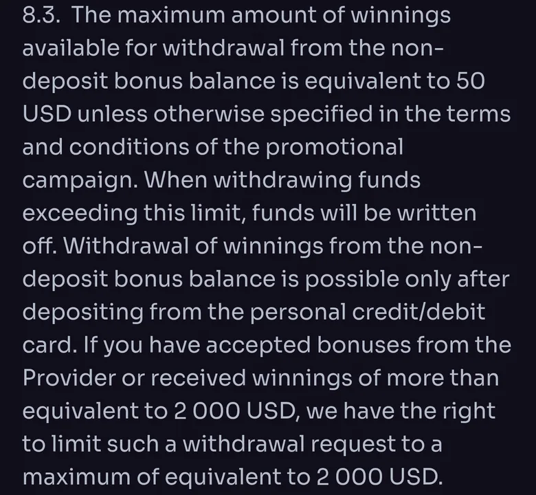 WinSpirit T&C clause 8.3 on a 2,000 USD withdrawal limit after accepting bonuses