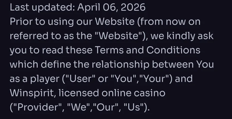 Opening of the WinSpirit Terms and Conditions naming Winspirit, licensed online casino, without a company