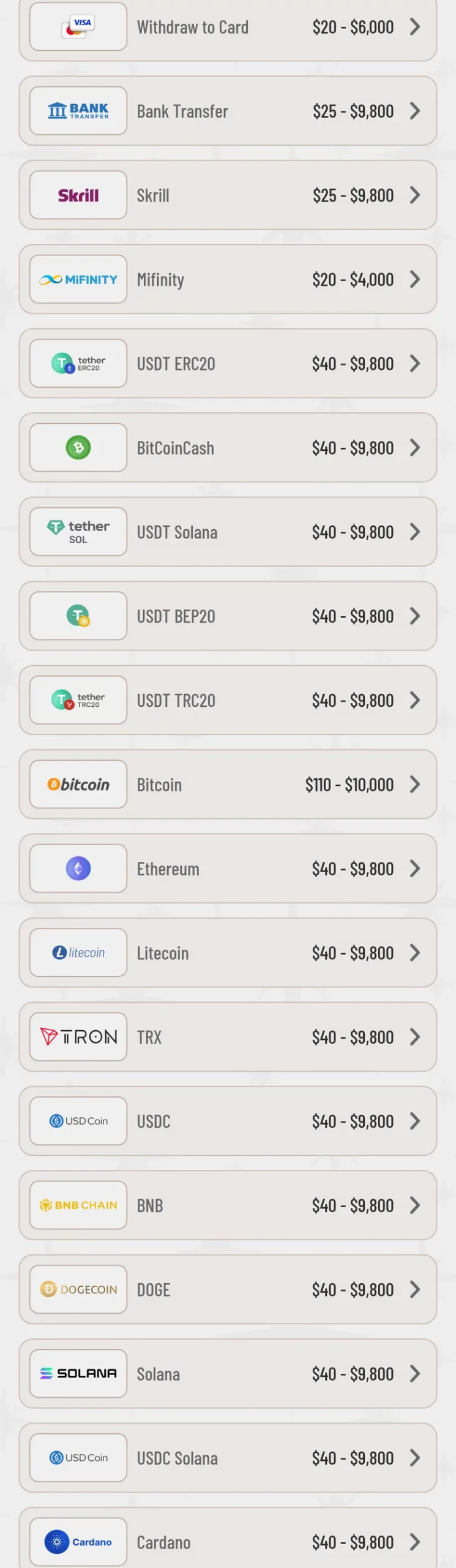 Wyns Payments page withdrawal tab in NZD listing card, bank transfer, Skrill, MiFinity and crypto with minimum and maximum amounts
