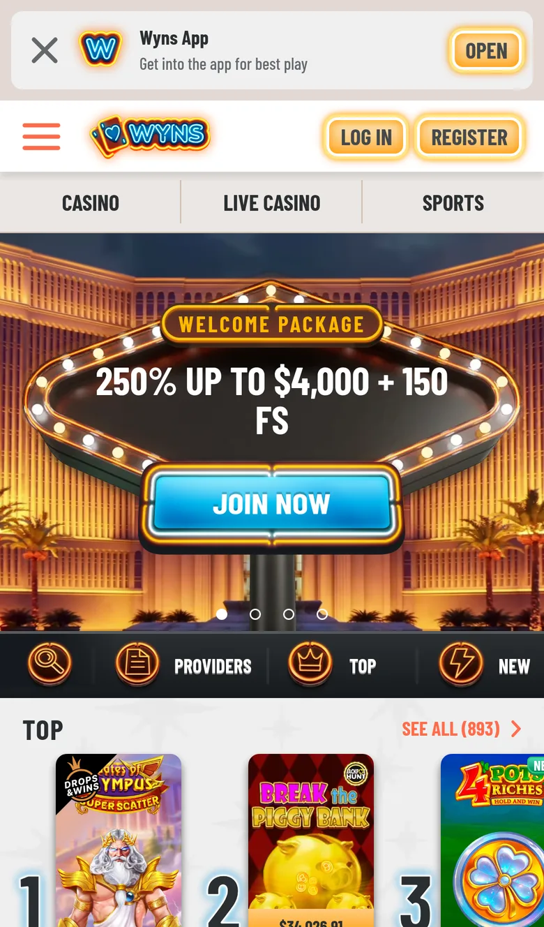 Wyns home page on a phone in New Zealand with the welcome package banner and the TOP row of pokies