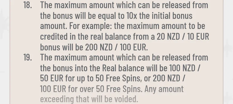 Wyns welcome bonus terms 18 and 19 capping bonus winnings at 10x the bonus and free spin winnings at 100 NZD