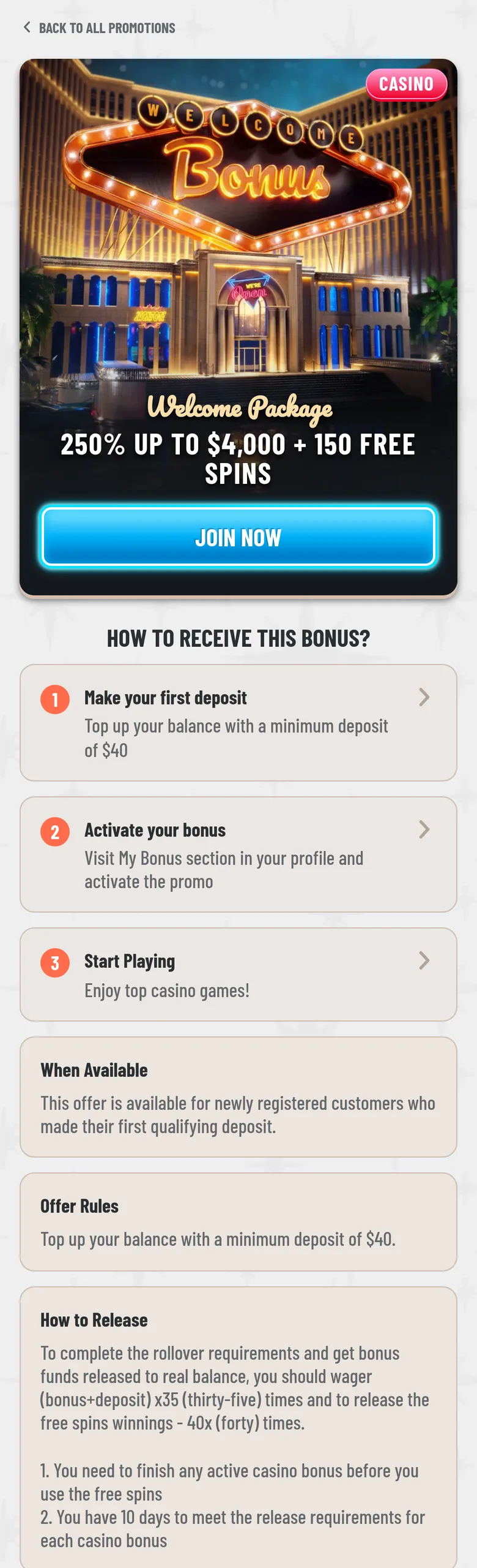 Wyns welcome package page: 250% up to $4,000 plus 150 free spins, minimum deposit $40, 35x bonus plus deposit, 10 days