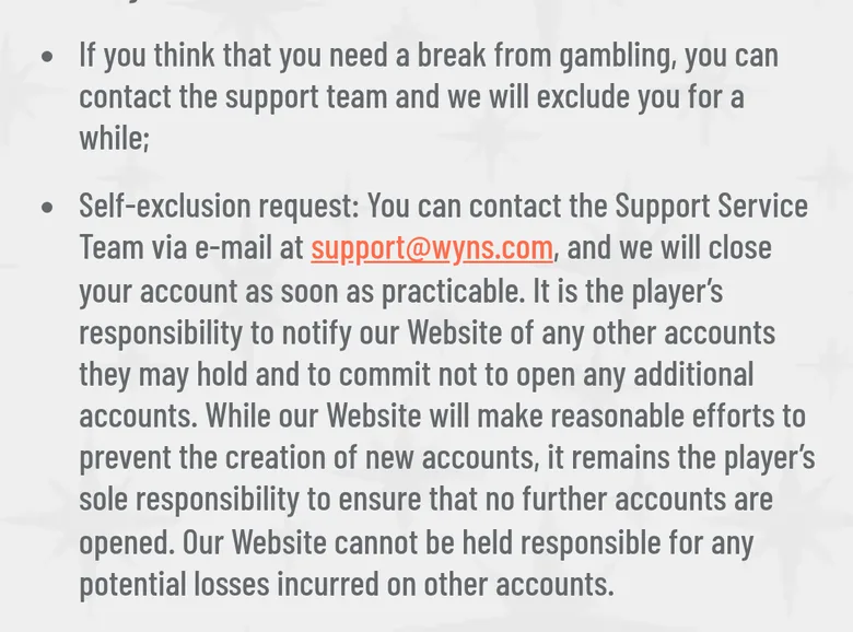Wyns Responsible Gaming page on breaks and self-exclusion through support