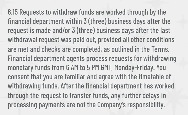 Wyns T&C clause 6.15 on withdrawals processed within 3 business days