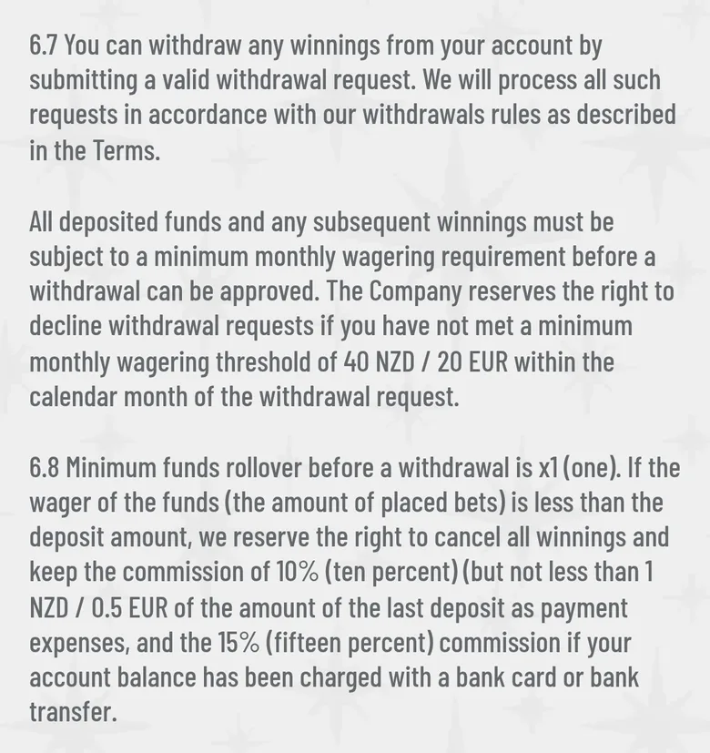 Wyns T&C clauses 6.7 and 6.8 on the monthly wagering threshold and the commission on unplayed deposits