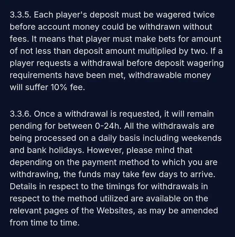 XON T&C clauses 3.3.5 and 3.3.6 on the 10 percent fee and the 0-24 hour pending time