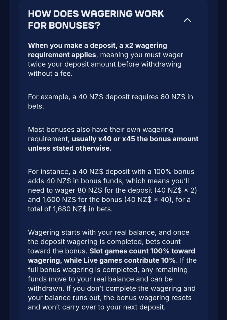 XON FAQ answer on x2 deposit wagering and x40 or x45 bonus wagering