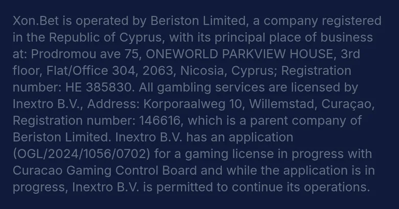 XON landing page footer naming Beriston Limited and Inextro B.V. with a licence application in progress
