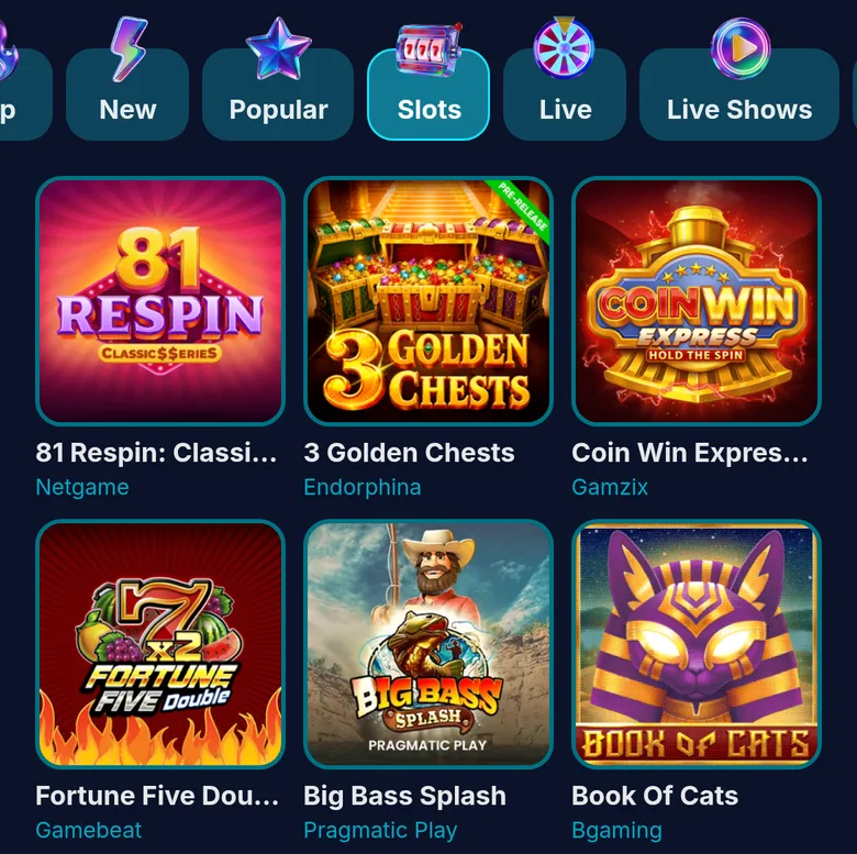 XON slots lobby on a phone in New Zealand with game tiles naming their studios