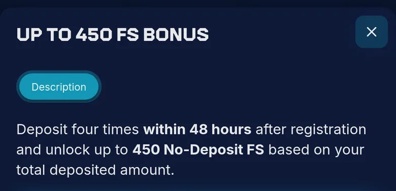XON up to 450 free spins card requiring four deposits within 48 hours