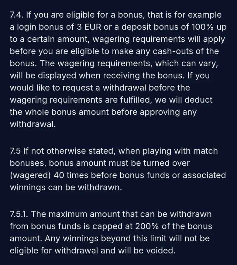 XON T&C clauses 7.4 to 7.5.1 on 40x bonus wagering and the 200 percent cash-out cap