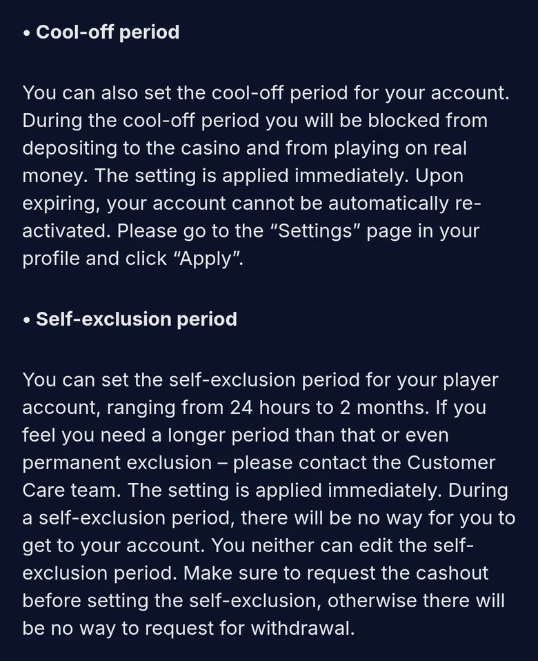XON Responsible Gambling page on the cool-off period and self-exclusion from 24 hours to 2 months