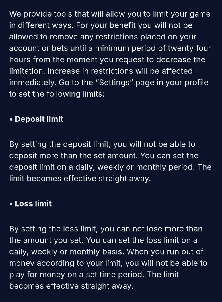 XON Responsible Gambling page on deposit and loss limits