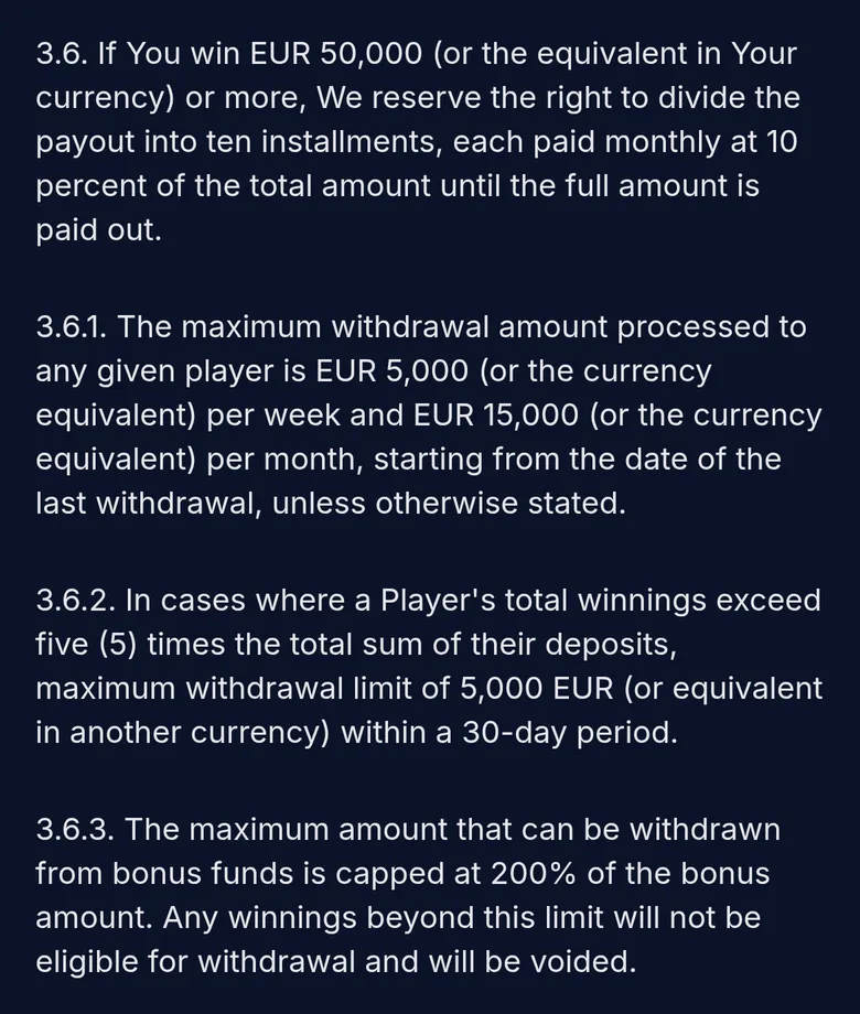 XON T&C clauses 3.6 to 3.6.3 on withdrawal limits and instalments