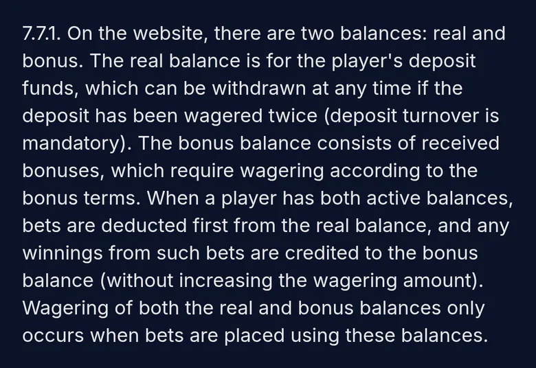 XON T&C clause 7.7.1 on winnings from real money going to the bonus balance